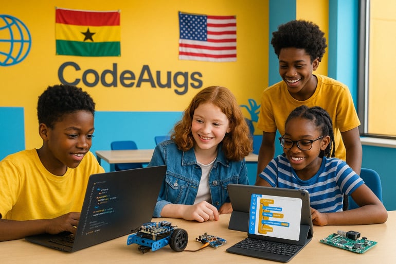 A teenage CodeAugs student writing code late in the evening